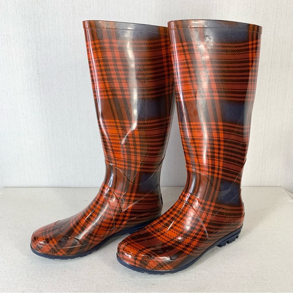 143 Girl~Women’s Red/Navy Tartan‎ Plaid Tall/Knee High Rubber Rain Boots~Sz 10 - Picture 2 of 12